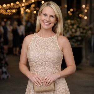 VTG Bari Jay Cocktail Dress Womens 8 Champagne Metallic Lace Sleeveless A-Line